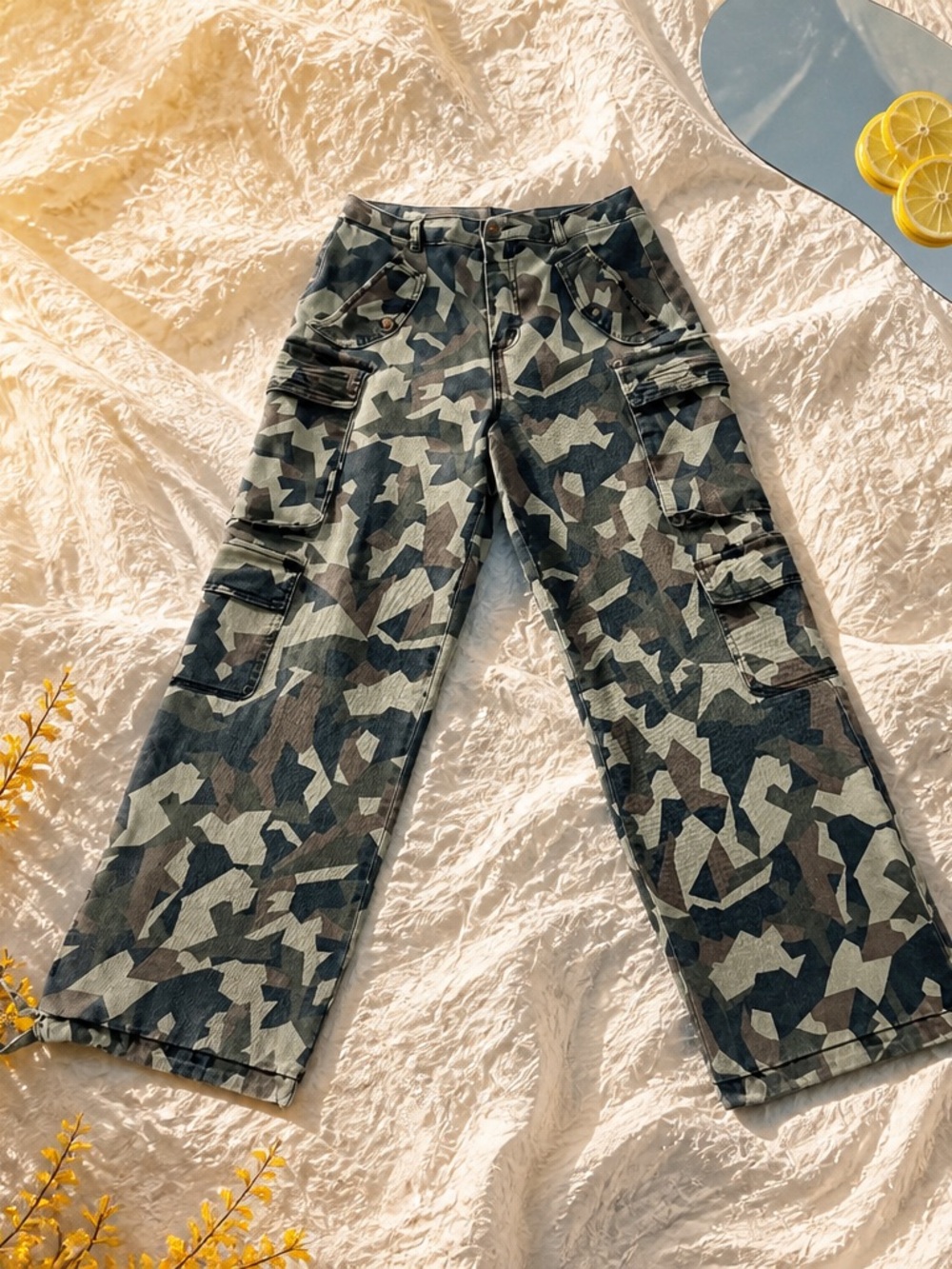 Camouflage denim cargo Pants with tie bottom option